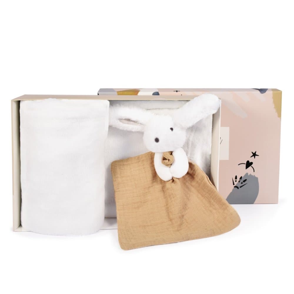 Set cadou Doudou iepuraș fericit, pled și jucărie bej de alintat