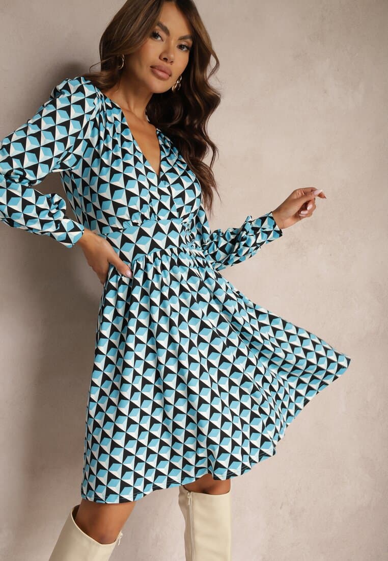 Rochie Mini Albastră cu Model Geometric cu Mânecă Lungă Ezrie