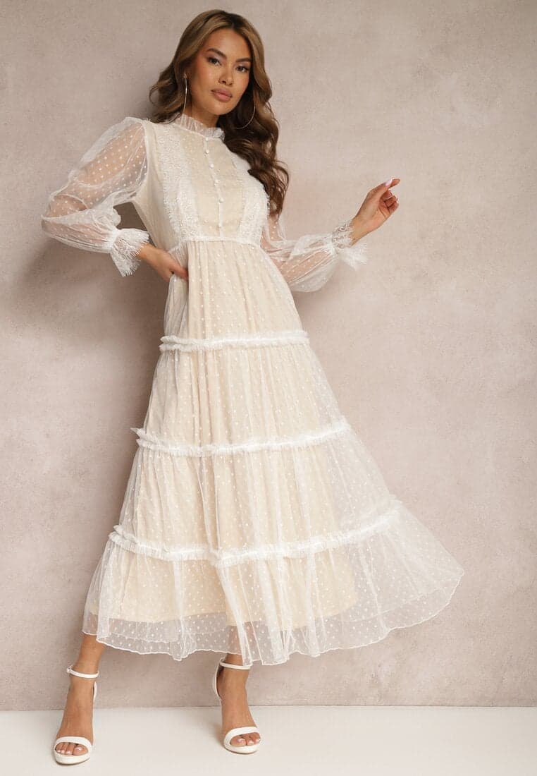 Rochie Albă din tul Maxi cu inserții de dantelă și cu nasturi decorativi Aovena