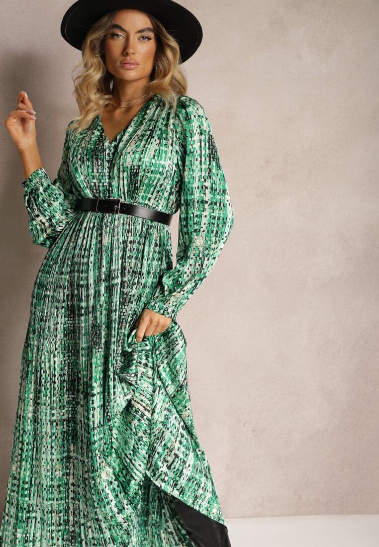 Rochie Plisată Maxi Verde Decorată Cu Model În Stil Tweed Juvioa