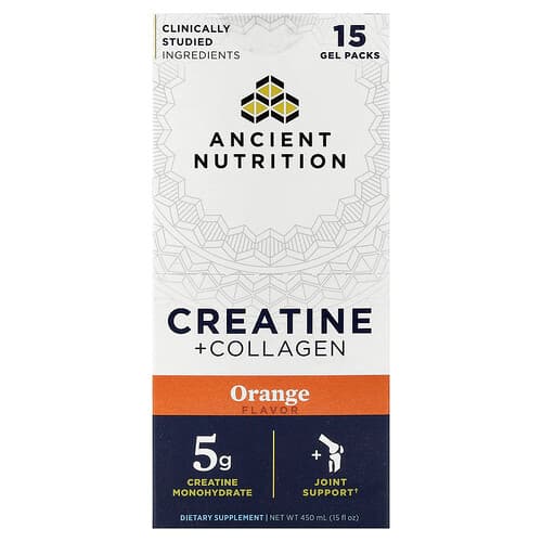 Ancient Nutrition, Creatine + Collagen, Orange, 15 Gel Packs, 1 fl oz (30 ml) Each