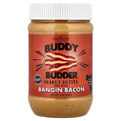 Bark Bistro, Buddy Budder, unt de arahide, pentru câini, bacon bangin, 480 g