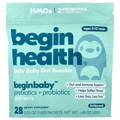 Begin Health, Prebiotice și probiotice Beginbaby™, pentru vârstă 0-12 luni, fără aromă, 28 de pliculețe, 1,5 g (0,05 oz) fiecare