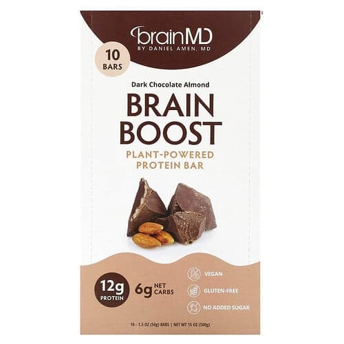 BrainMD, Brain Boost, baton proteic alimentat de plante, ciocolată neagră migdale, 10 batoane, 1,5 oz (50 g) fiecare