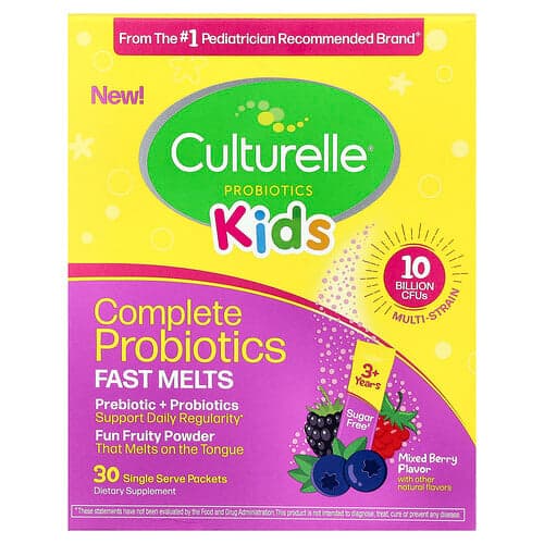 Culturelle, Copii, probiotice complete, topire rapidă, 3+ ani, mix de fructe de pădure, 30 de pliculețe unice, 1,4 g