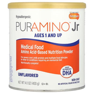 Enfamil, PurAmino™ Jr, hrană medicală, pudră nutritivă pe bază de aminoacizi, cu vârsta peste 1 ani, fără arome, 14,1 oz (400 g)
