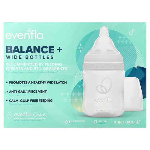 Evenflo Feeding, Sticle Balance+, lat, 0+ luni, flux lent, 3 flacoane, 150 ml (5 oz) fiecare