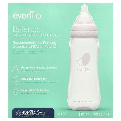 Evenflo Feeding, Sticle Balance+, standard, 0+ luni, flux lent, 3 flacoane, 270 ml (9 oz) fiecare