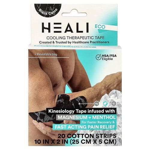 Heali Medical Corp, Banda de kinesiologie terapeutică răcoritoare, neagră, 20 benzi pre-tăiate 100% bumbac