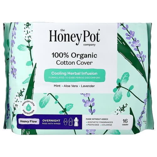 The Honey Pot Company, husă din bumbac organic, 100 % bumbac organic, absorbante cu aripioare, 16 buc.