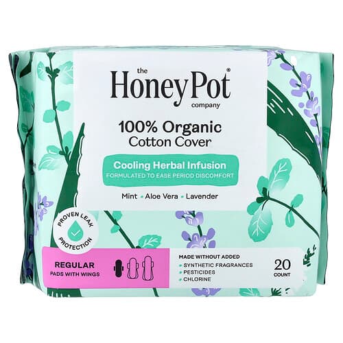 The Honey Pot Company, Infuzie organică răcoritoare din plante, tampoane cu aripioare, standard, 20 buc.