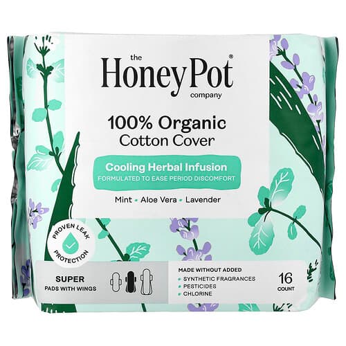 The Honey Pot Company, Husă de absorbție cu aripioare, 100 % bumbac organic, super, 16 buc
