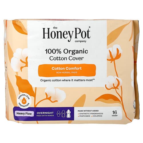 The Honey Pot Company, husă din bumbac organic, 100 % bumbac organic, absorbante cu aripioare, 16 buc.