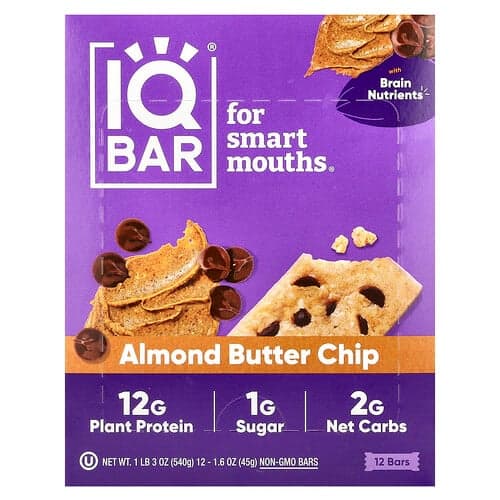 IQBAR, Baton proteic vegetal, chipsuri de unt de migdale, 12 batoane, 45 g fiecare