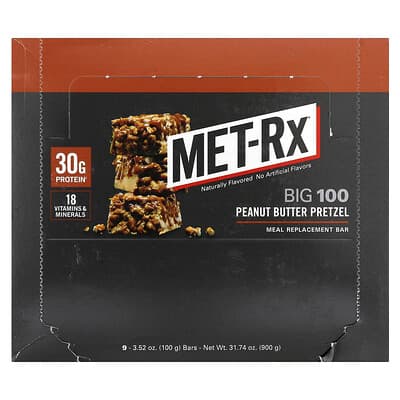 MET-Rx, Big 100, baton de înlocuire a mesei, covrig cu unt de arahide, 9 batoane, 3,52 oz (100 g) fiecare