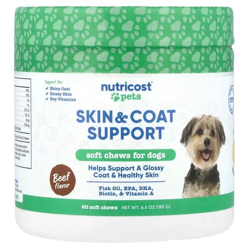 Nutricost, Animale de companie, Suport pentru piele și blană, Pentru câini, Vită, 60 de gumele moi, 180 g