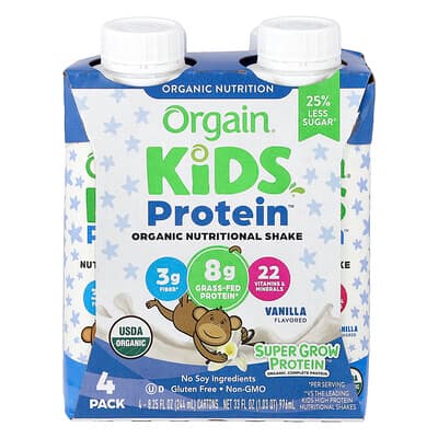 Orgain, Shake nutrițional organic de la Kids Protein™, vanilie, pachet de 4, 244 ml (8,25 fl oz) fiecare