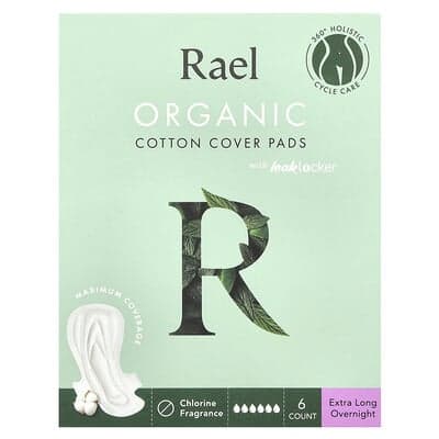 Rael, Organic Cotton Cover Pads, Extra Long Overnight, 6 Count