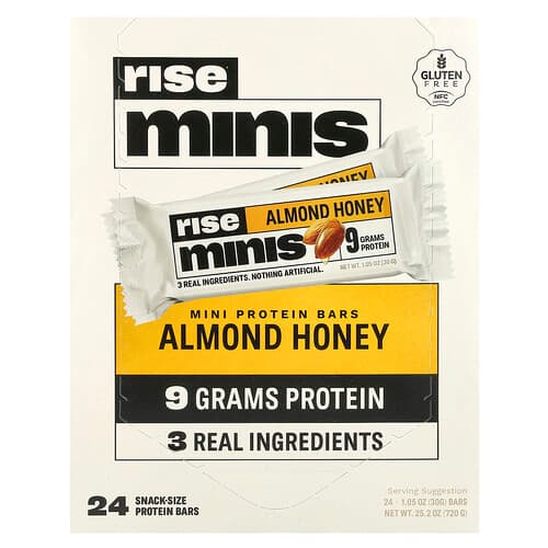 Rise Bar, Rise Minis, minibatoane proteice, miere de migdale, 24 de batoane proteice din dimensiunea unei gustări, câte 30 g (1,05 oz)