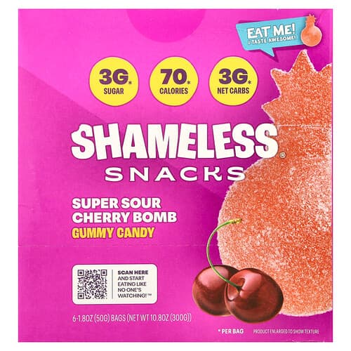 Shameless Snacks, Bomboane Gummy, Bombă Super Vișine, 6 Pungi, 1,8 oz (50 g) fiecare