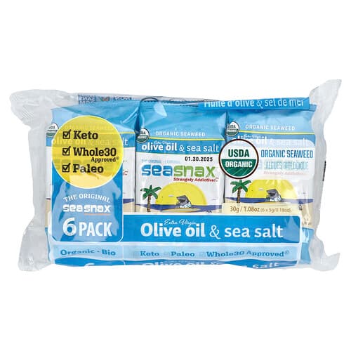 SeaSnax, Alge marine organice, original, ulei de măsline extravirgin și sare de mare, pachet de 6, 0,18 oz (5 g) fiecare
