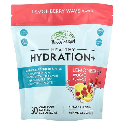 Terra Origin, Healthy Hydration+, Val de lămâie, 30 de pliculețe pentru luat la pachet, a câte 6,2 g fiecare