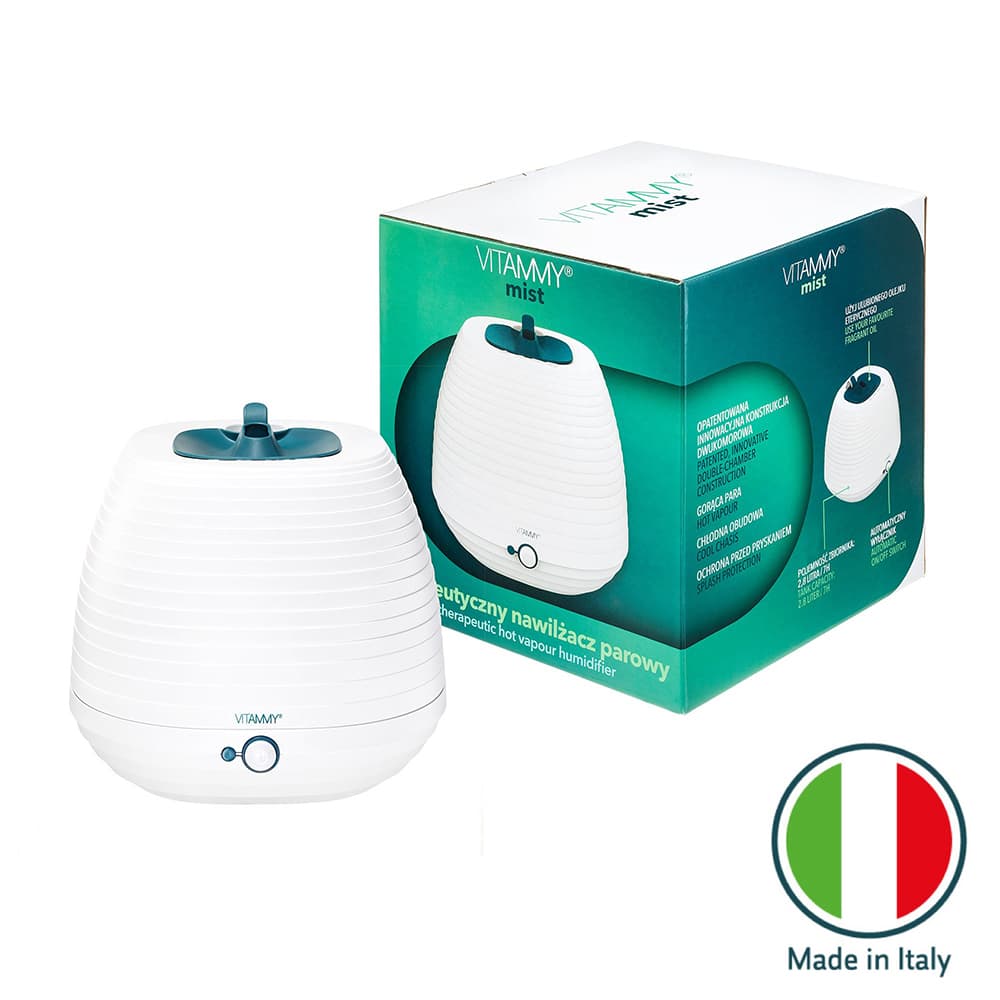 Umidificator de aer cu abur Vitammy Mist, terapeutic, cu difuzor aromaterapie, rezervor de 2.7 l, made in Italia, 7 ore de utilizare, oprire automata,