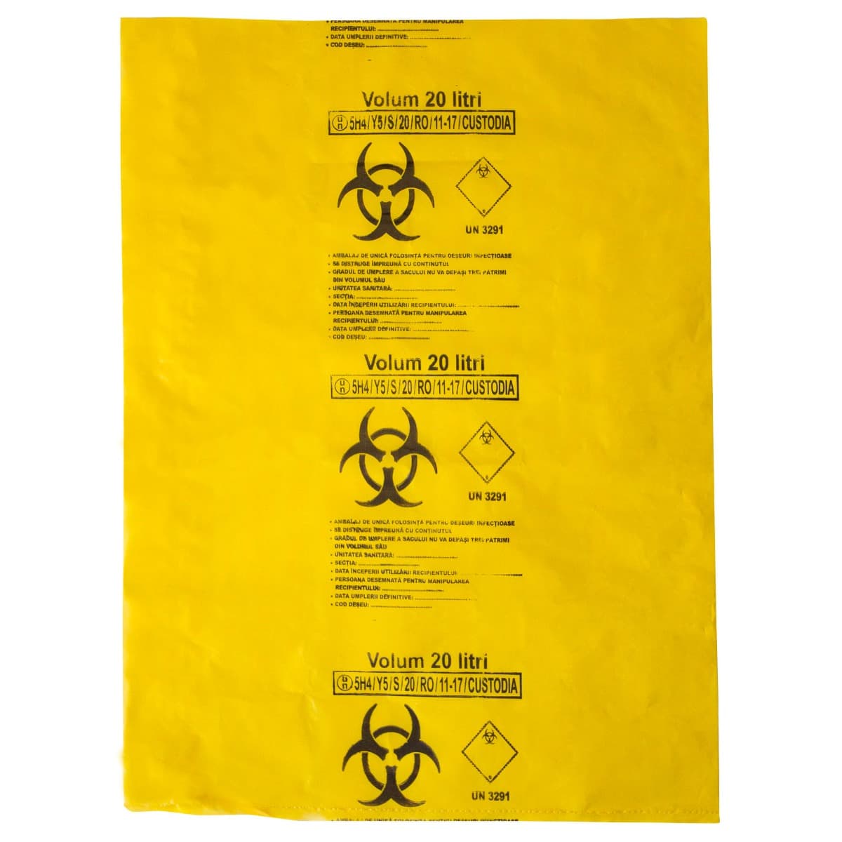 Saci galbeni pericol biologic 20L BIOHAZARD ADR, 50 microni, 50 bucati - saci deseuri medicale certificati
