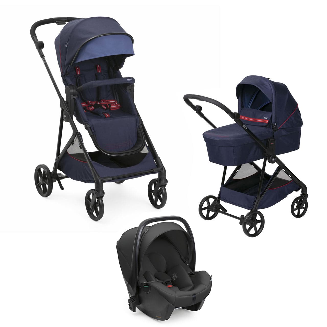 Carucior copii 3 in 1 Chicco Seety, cu scaun auto Kory Plus I-Size Resigilat, OxFord Blue (Albastru), 0luni+