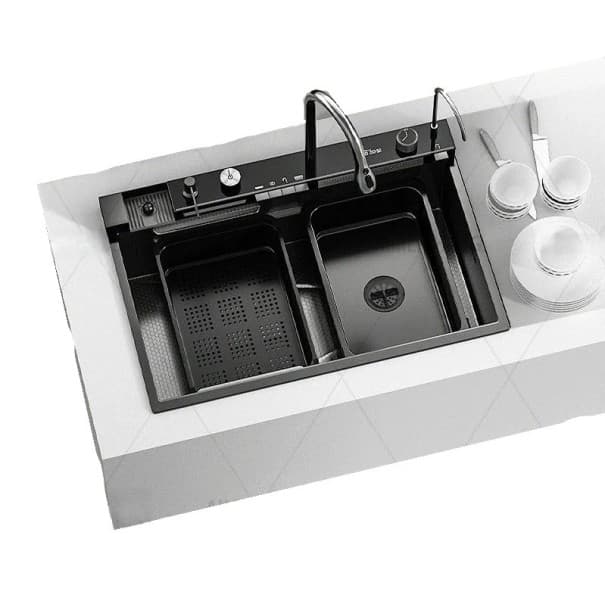 Chiuvetă de bucătărie din inox MF-6845 cu efect de cascadă și duză retractabilă 3 tipuri de pulverizare a apei 680 x 450 mm cu spălător de
