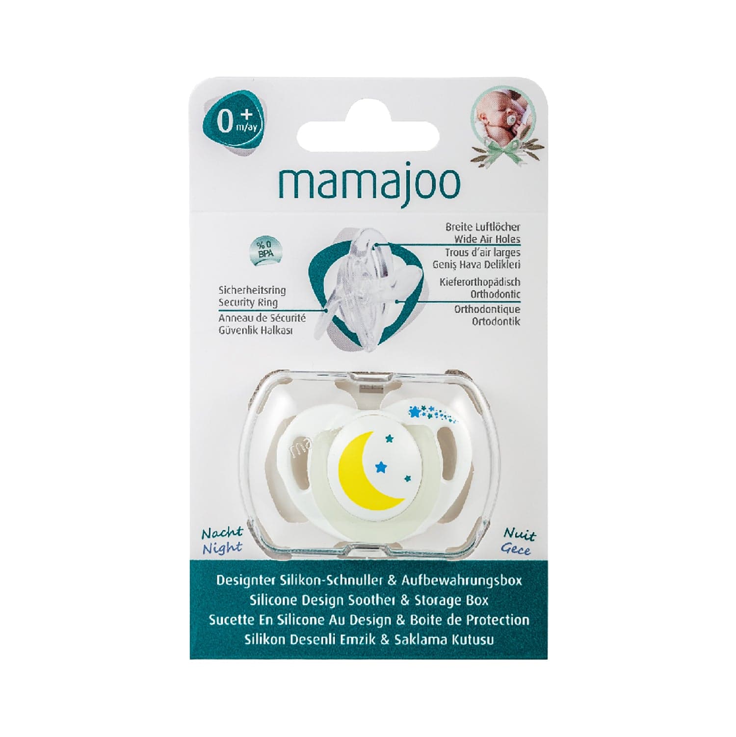 mamajoo Suzeta cu design ortodontic din silicon si cutie de depozitare, Luna si stelele & cutie alba 0m+, 1 buc