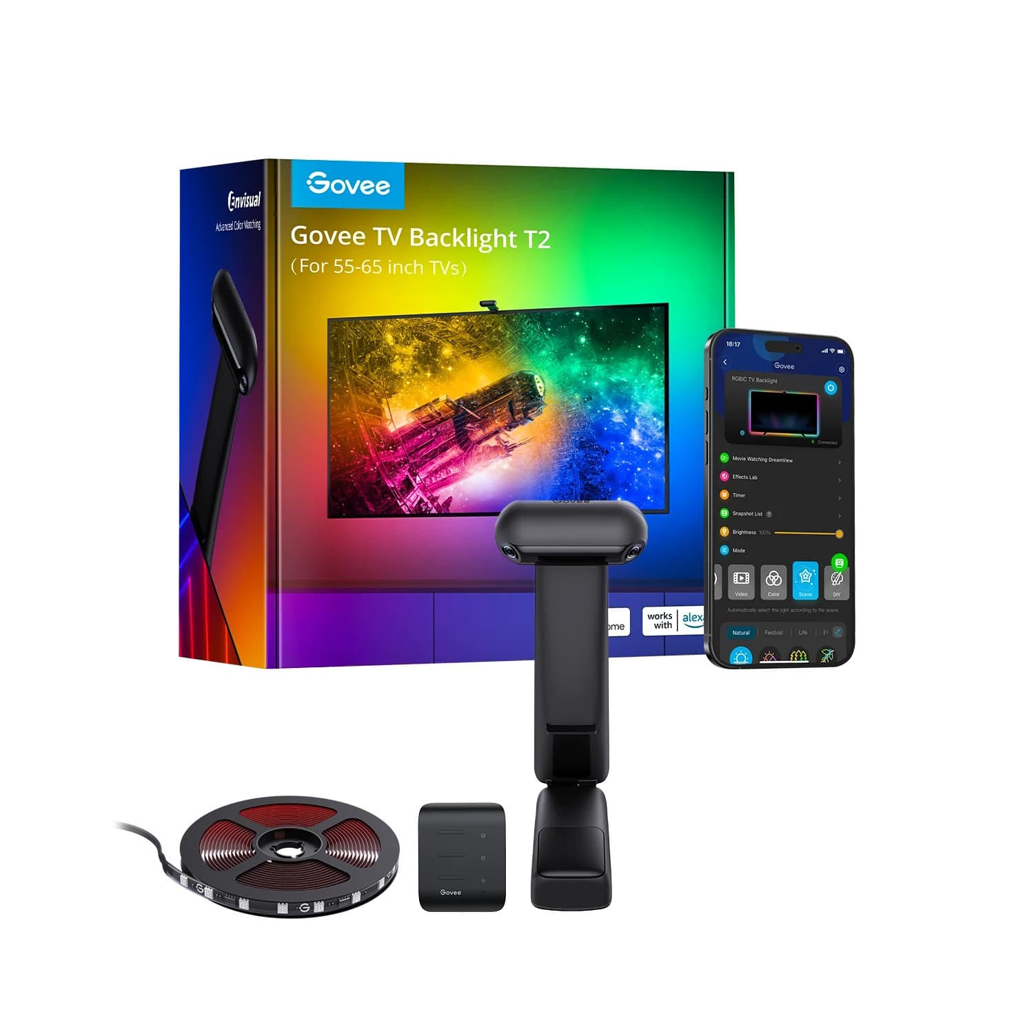 Smart LED banda pentru televizorGovee Envisual T2 RGBIC H605C, 36 W, Segmente de culoare adresabile, Wi-Fi, Bluetooth, Pana la 65", Sincronizare culor