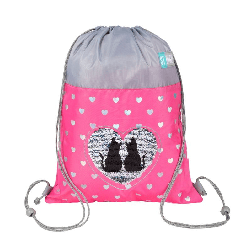 Rucsac cu snur pentru copii Sequin Cats, roz cu gri, 34x43 cm