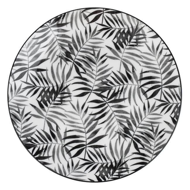 Set 6 farfurii pentru servire din portelan cu design frunze tropicale, negru, 19 cm