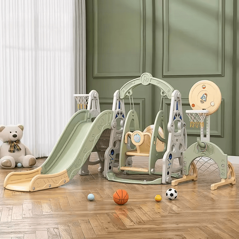 Ansamblu de joaca pentru copii, Kinderplay Astronaut, 5 in 1, tobogan, leagan, cos baschet, poarta fotbal, mingi incluse, verde
