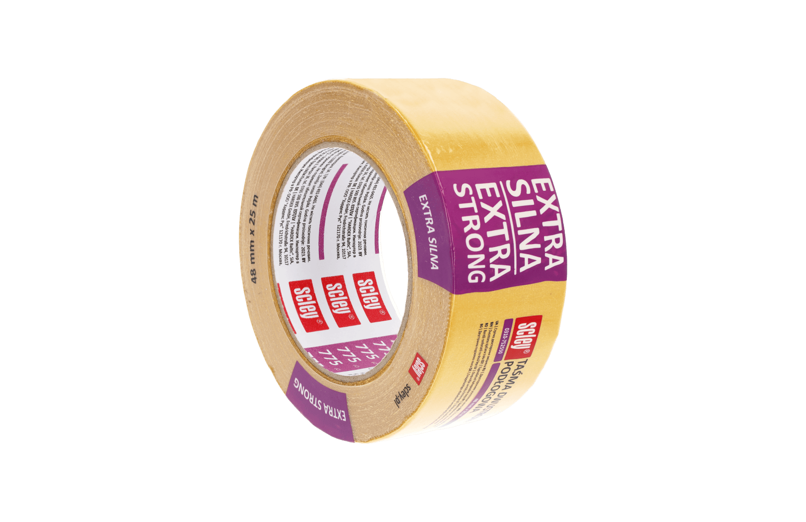 Banda dublu adeziva Scley 775 , extra puternica, ranforsata, 48 mm x 25 m