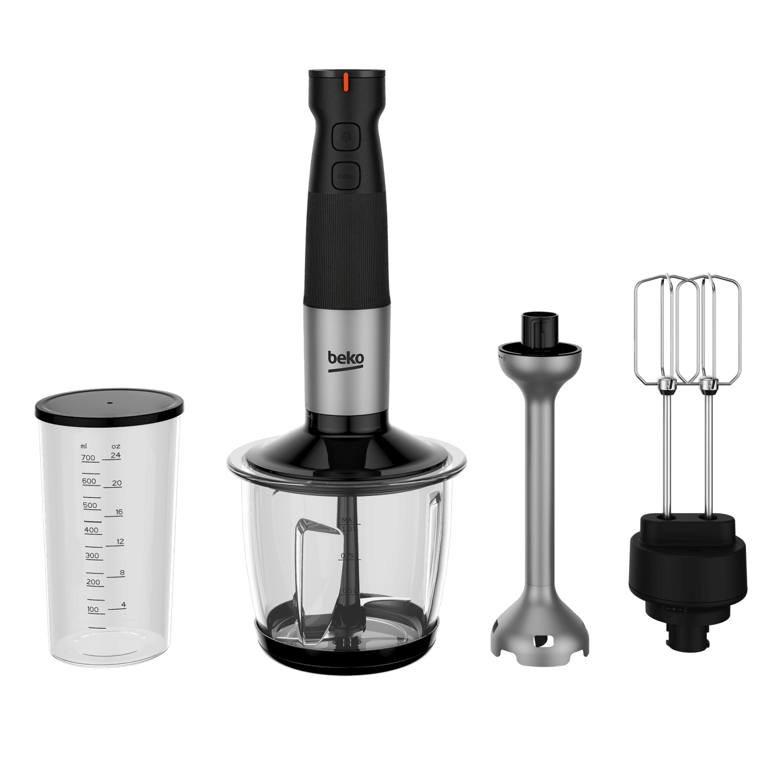 Mixer de mana Beko HBA81762BX, 3in1, 750 W, capacitate 1 l, viteza variabila, 4 functii, 2 cutite, negru inox