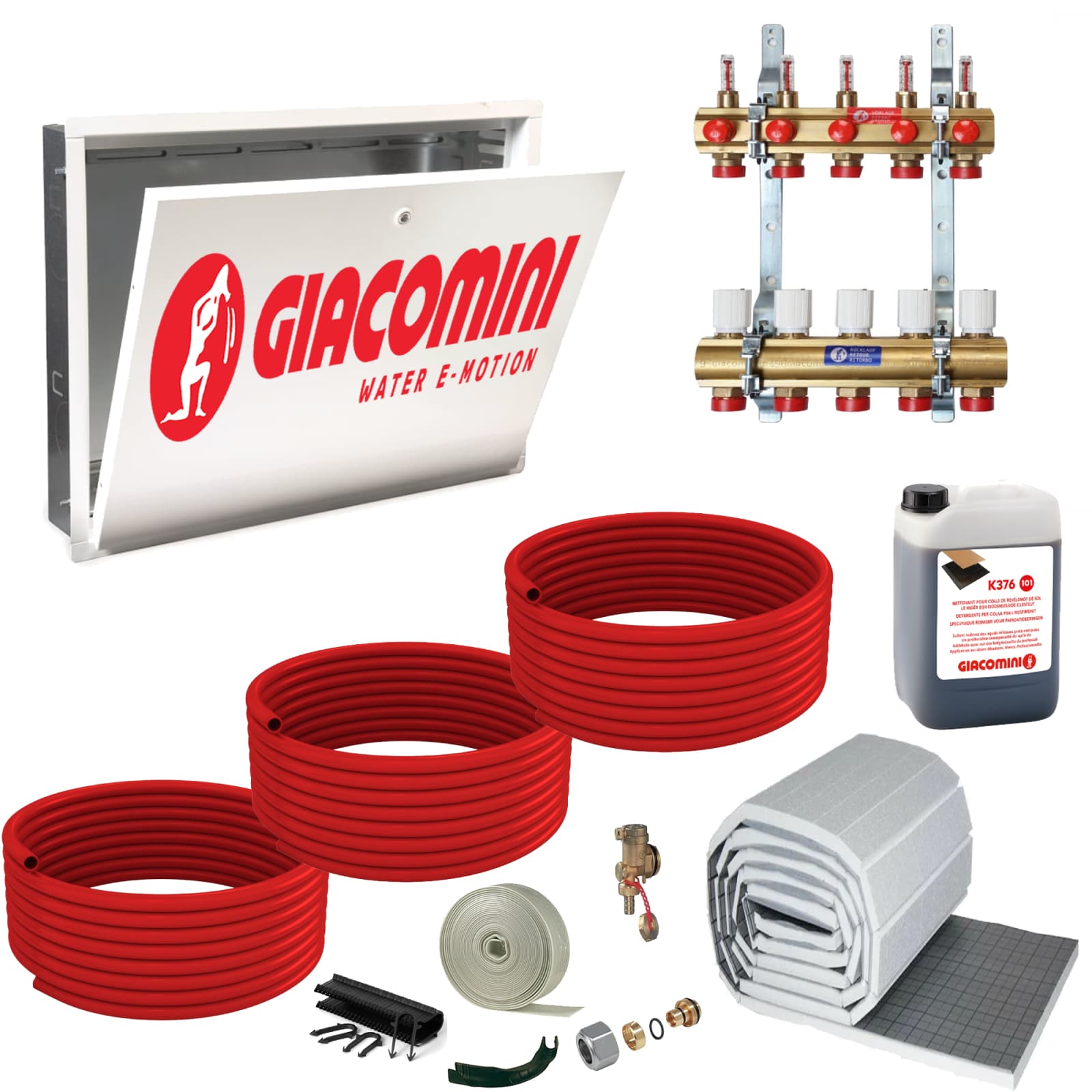 Pachet incalzire in pardoseala Giacomini, 50 mp, teava PEX-b cu bariera anti-oxigen EVOH, Distribuitor, Caseta Distribuitor, Placa Tacker, Aditiv