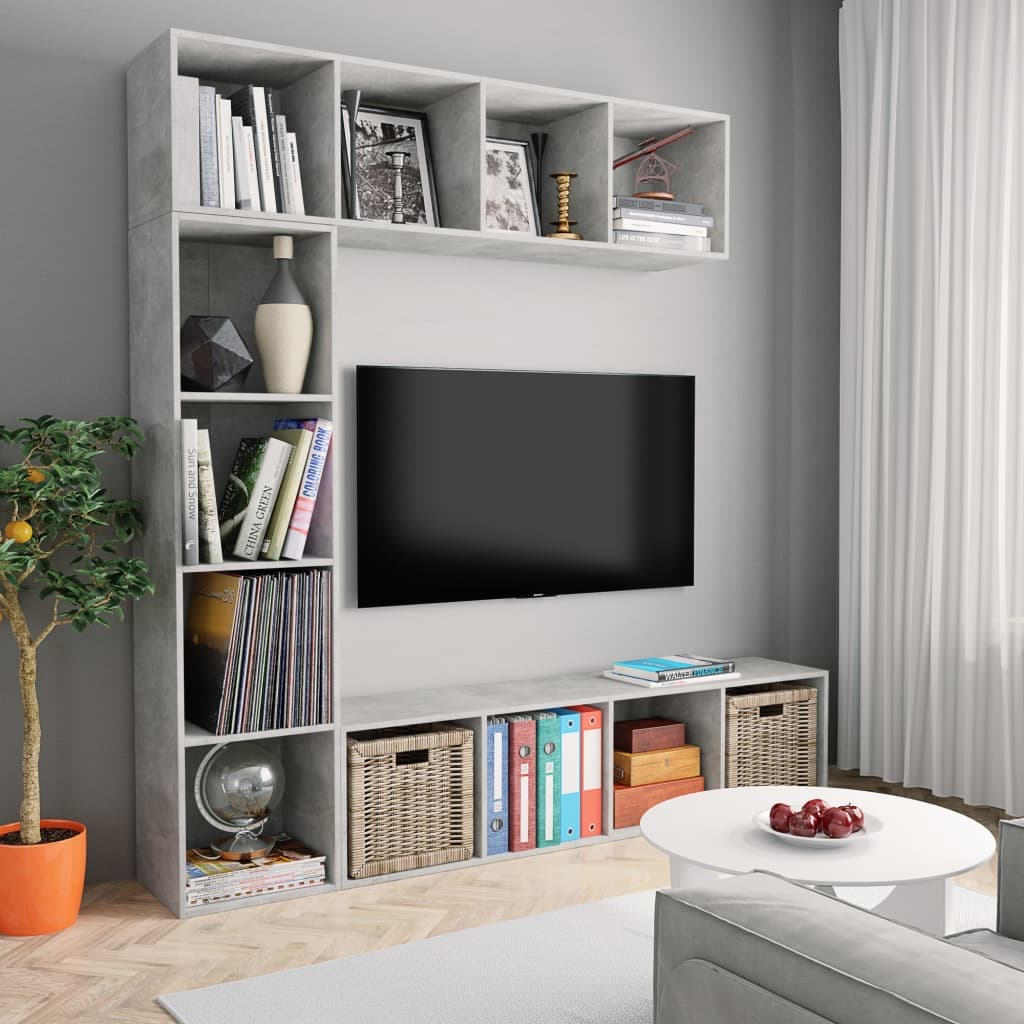 Gossi set biblioteca/comoda tv, 3 piese, gri beton, 180x30x180 cm