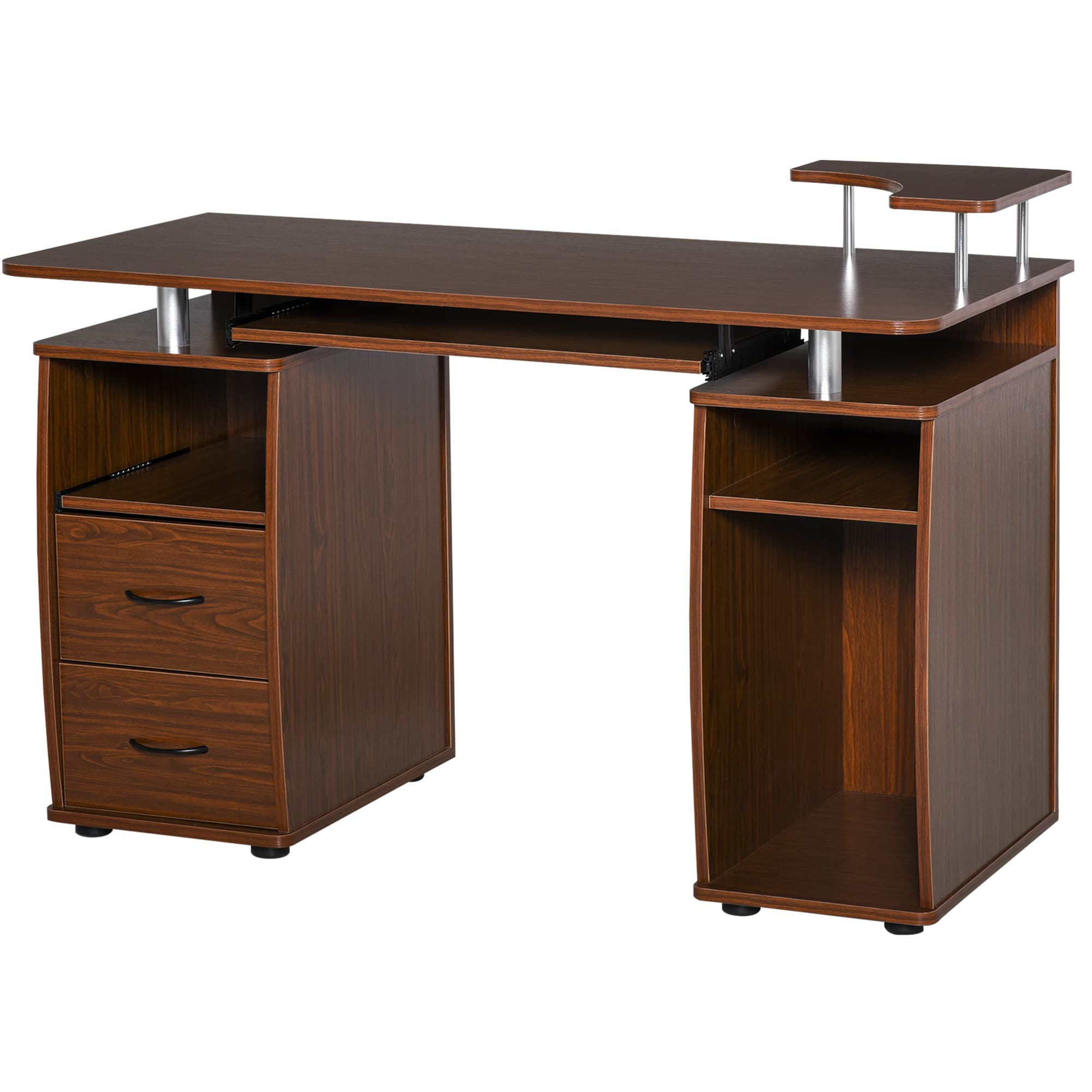 HOMCOM Masă de Birou Modernă cu Suport pentru Computer, Sertare, Poliță Extensibilă și Suport pentru Tastatură, 120x55x85 cm, Maro | Aosom