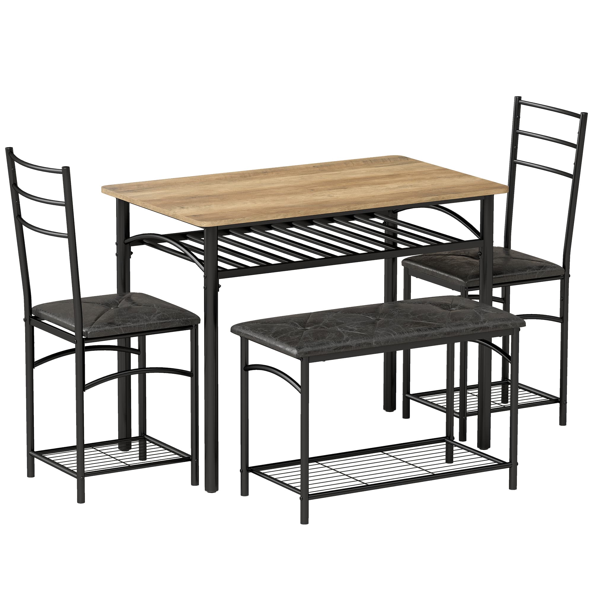 HOMCOM Set de dining 4 piese, masă de bucătărie în stil industrial cu 2 scaune și bancă pentru 4 persoane, scaune tapițate cu piele PU, maro |