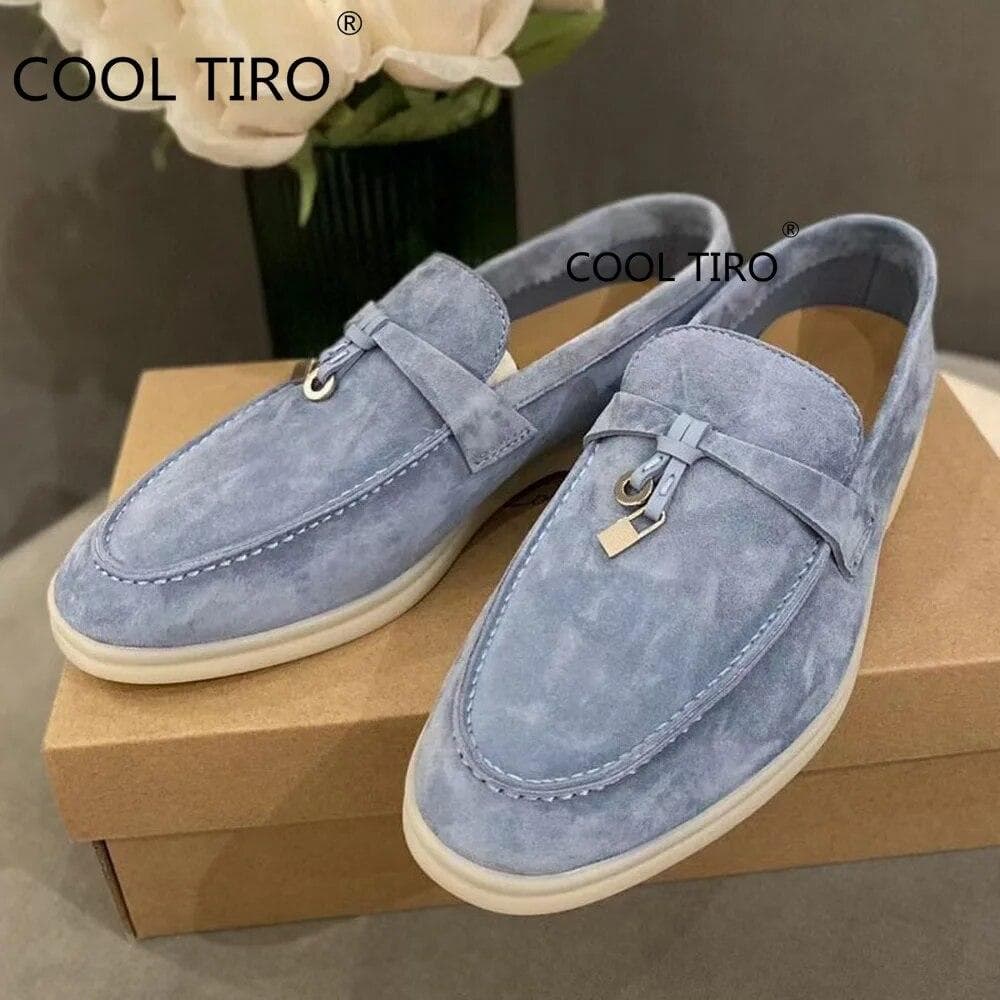Pantofi plati pentru femei Mocasini din piele pentru femei Mocasini din piele intoarsa albastra Pantofi de conducere casual Pantofi de mers de vara pe