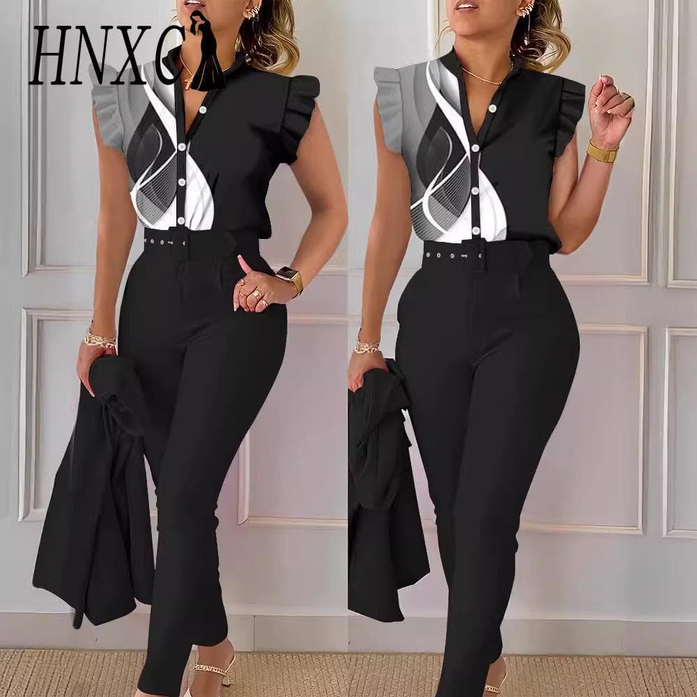 Costum de damă HNXC la modă și casual din două piese cu mâneci tip frunză de lotus și veste cm
