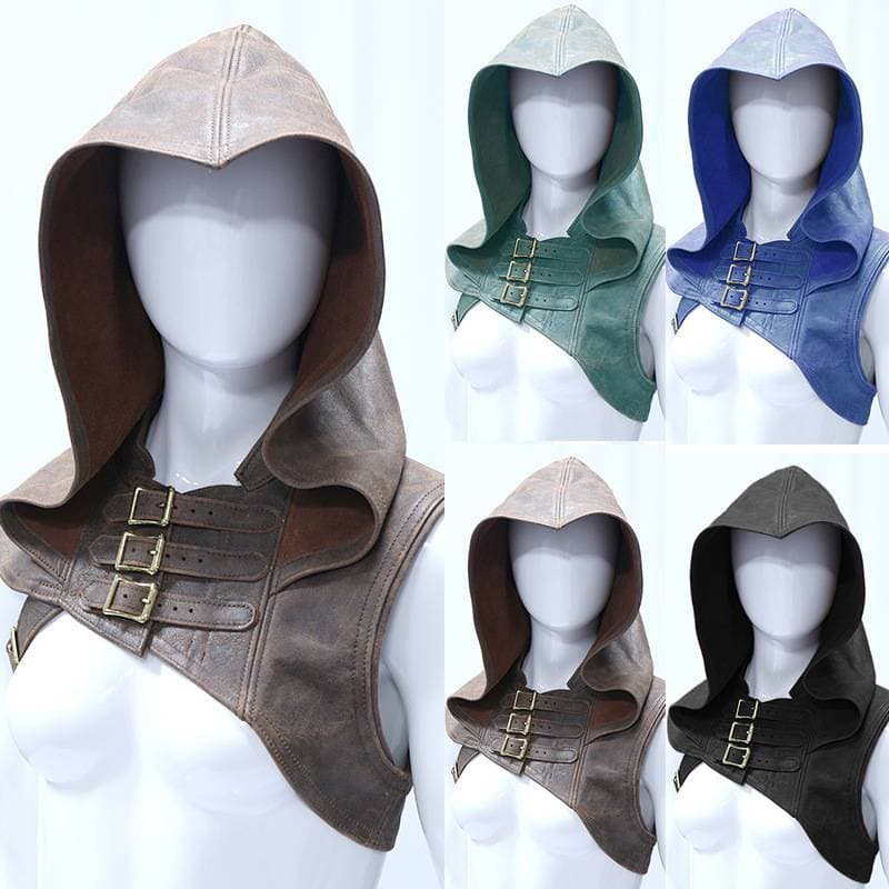 Vestă cu glugă din piele unisex Cosplay de modă, vintage, pălărie medievală, culoare uni, veste fără mâneci de Halloween, mărime mare cm