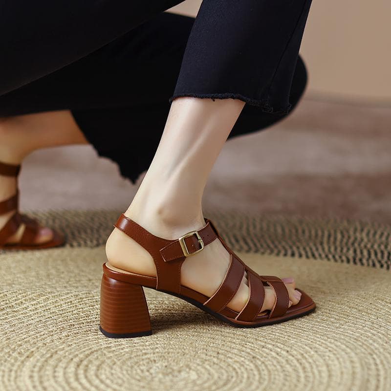 Sandale noi de vară din piele naturală Sandale pentru femei cu vârf deschis Pantofi pentru femei cu toc gros Sandale cu toc înalt cm caisă