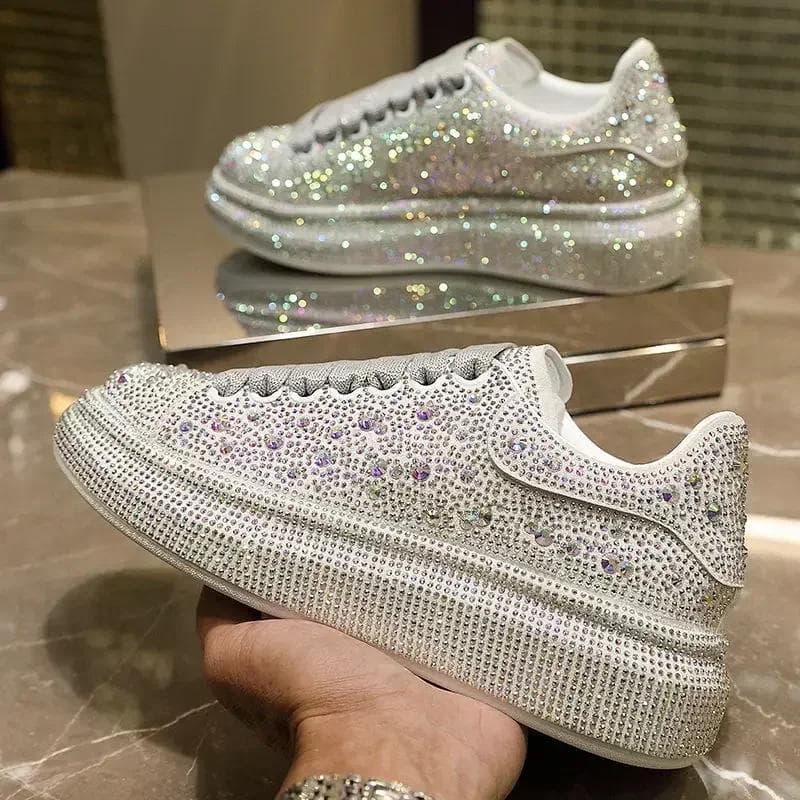Pantofi casual cu platformă de brand de modă pentru femei, pantofi alb argintii cu talpă groasă, pantofi cu cristale strălucitoare, pantofi de