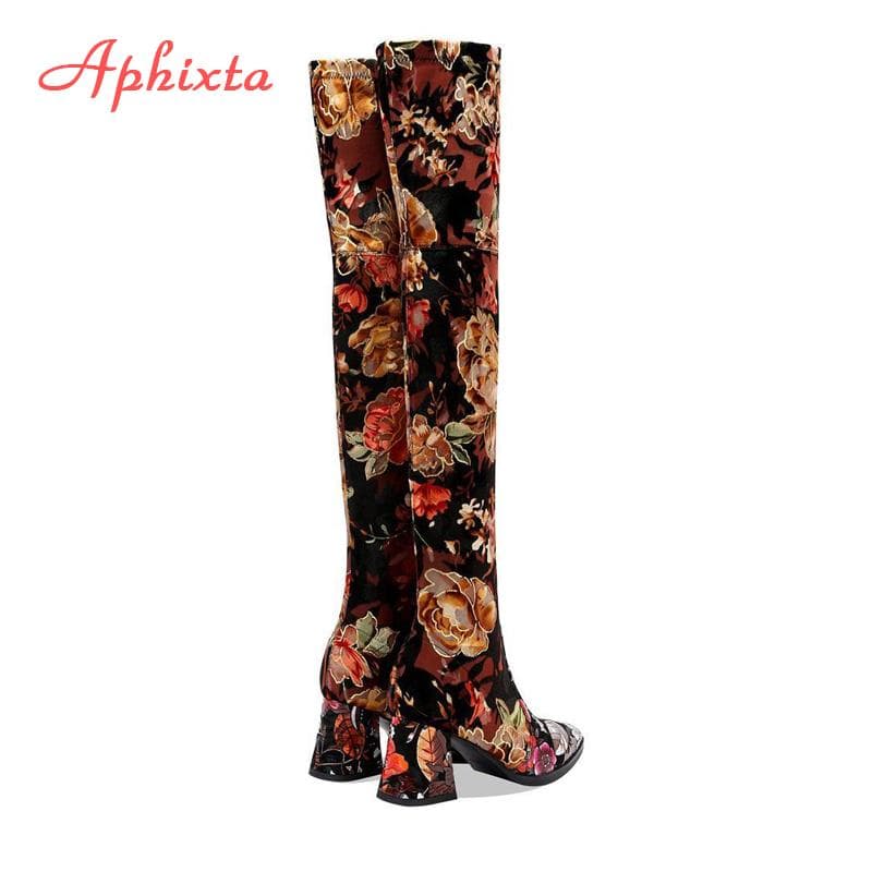 Cizme peste genunchi Aphixta Broderie Flori Tocuri Pătrate Pantofi Pantofi Lungi pentru Femei Casual Vârf Ascuțit Cizme Lungi Femei cm