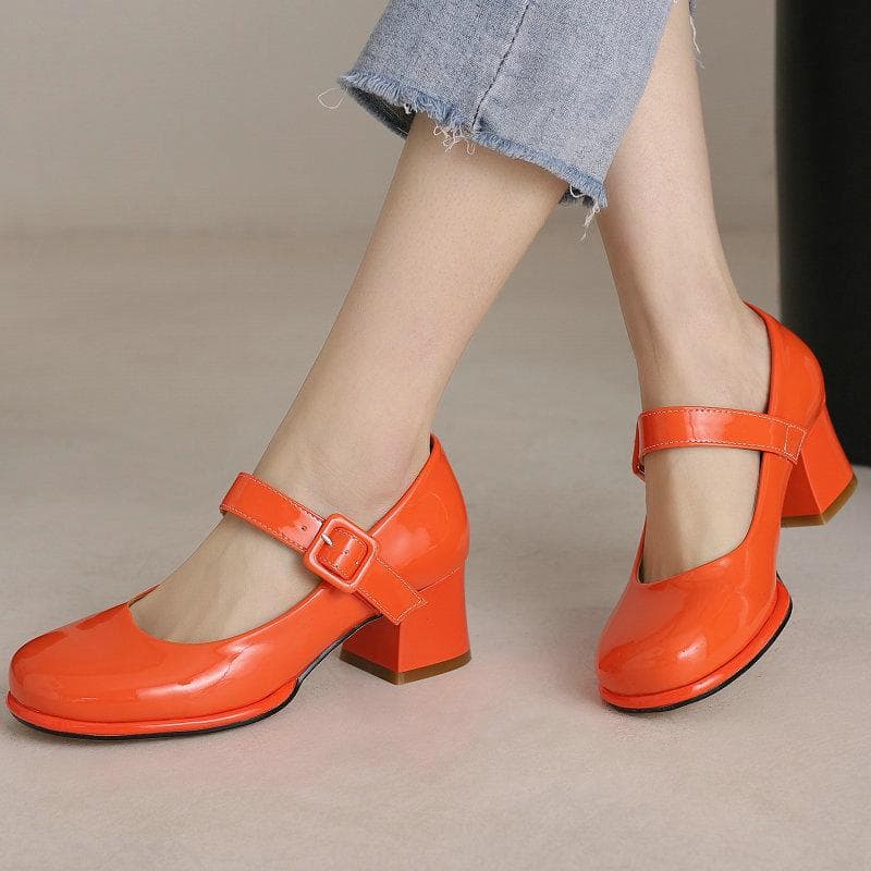 Piele PU lacuita Portocaliu rosu Varf inchis Femei Pompe Marime mare 47 48 Pantofi de birou pentru femeie mature Curea cu catarama Mary Jane Tocuri gr