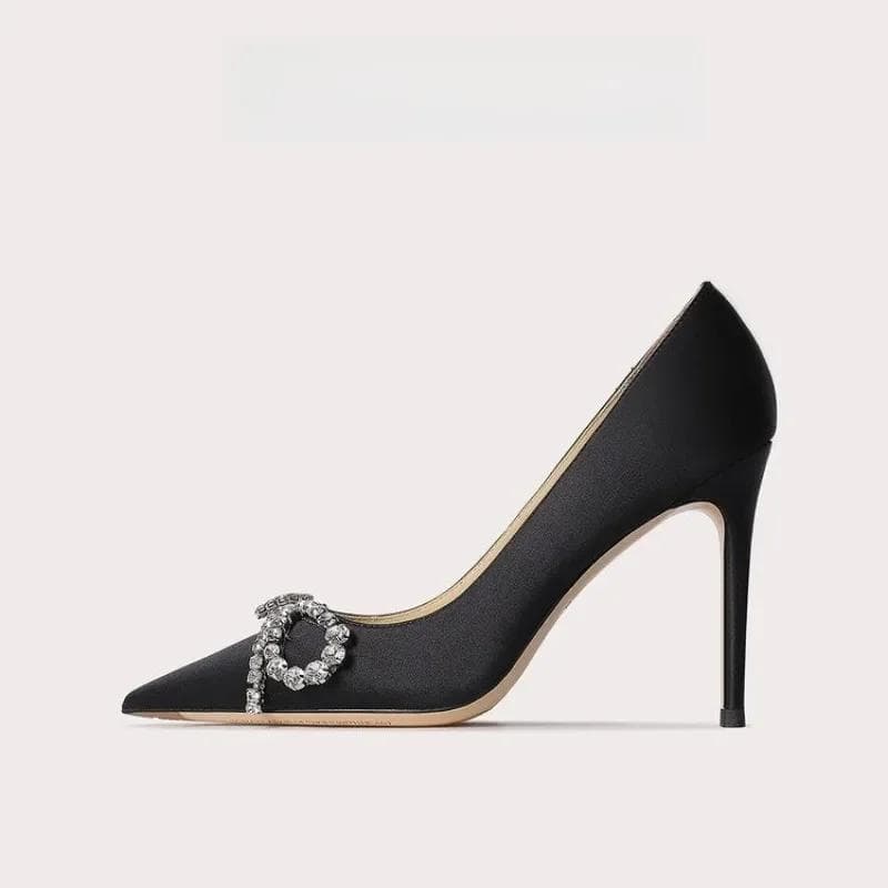 Pantofi de Damă cu Toc Înalt Subțire, cu Vârf Ascuțit, cu Gură Mică, din Mătase, cu Fundă de Cristal, pentru Toamnă, pentru Banchet, Pantofi