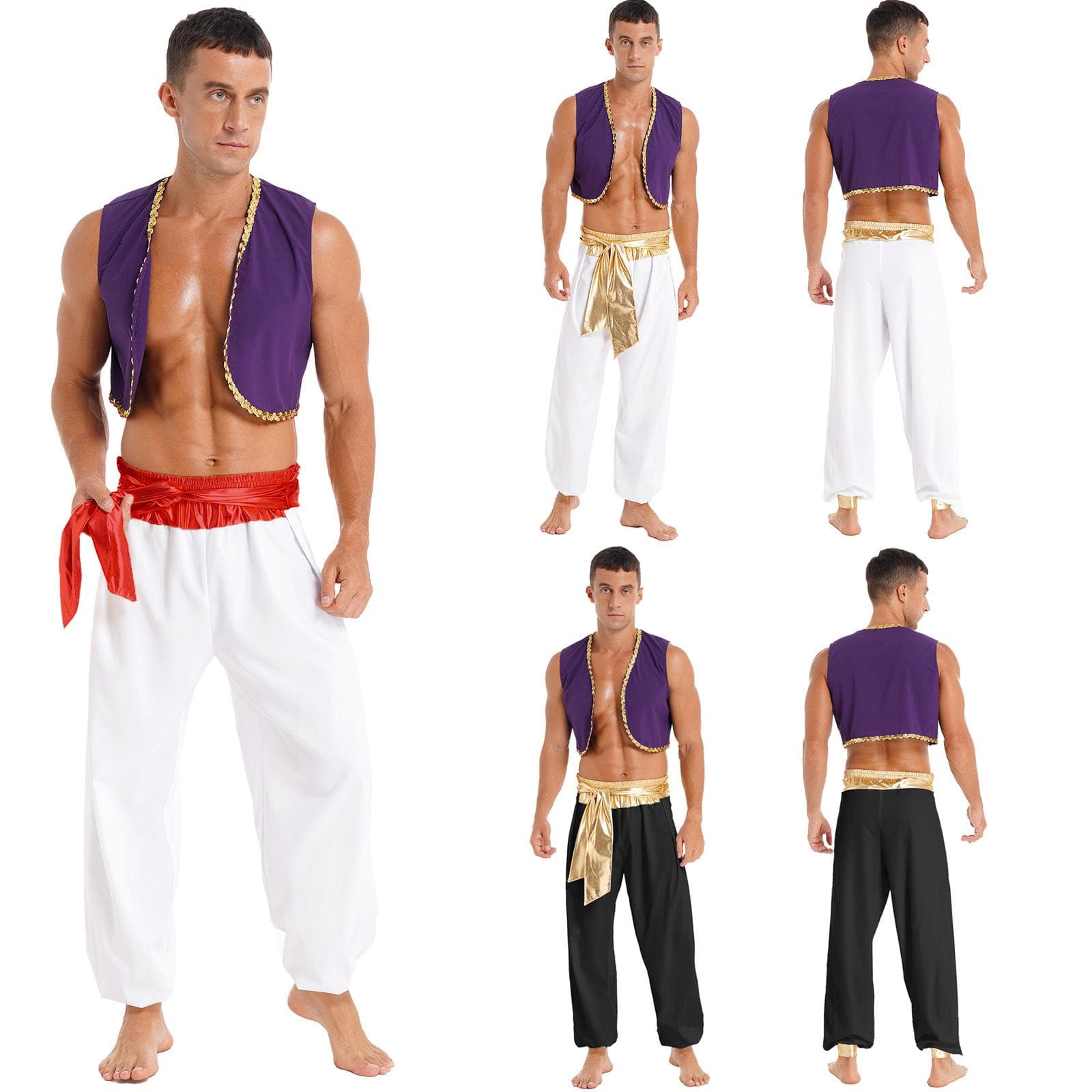 Costum Cosplay prinț arab pentru bărbați pentru adulți, vestă cu paiete, pantaloni cu centuri, ținute de performanță în scenă cm negru
